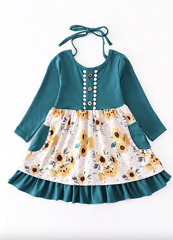 Girls Emerald Sunflower Pocket Dress<br>2 to 7 Years