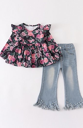 Girls Fall Floral Jean Set Preorder<br>2 to 7 Years