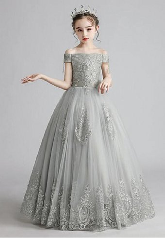 Winters Tale Ice Grey Off Shoulder Gown Preorder<br>2 to 14 Years
