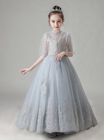 Winters Tale Ice Blue Sheer Sleeve Long Gown<br>2 to 14 Years
