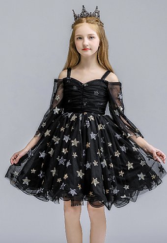 Girls Starry Night Black Cold Shoulder Dress