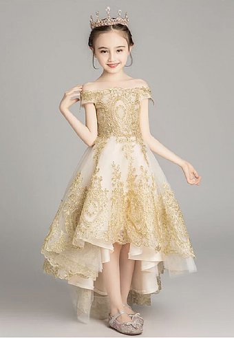 Girls Golden Gala Off Shoulder High Low Gown<br>12 Months to 14 Years