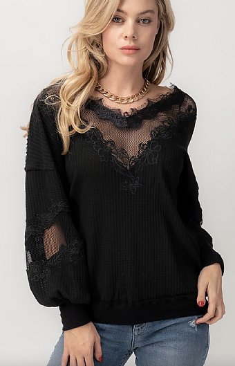 Women's Black Waffle Knit Lace Top Preorder