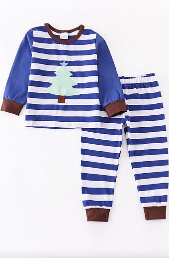 Boys Blue Christmas Tree Pajamas <br>12 Months to 6 Years