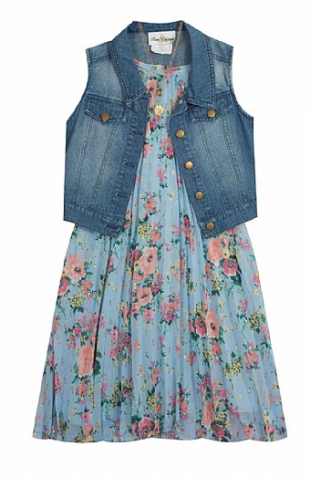 Girls Blue Floral Dress & Denim Vest Set Preorder<br> 4 to 16 Years