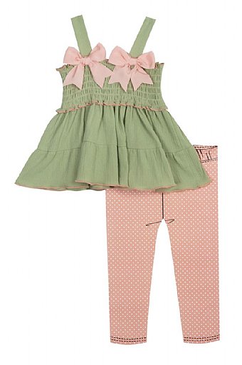 Girls Pink & Sage Bow Top Set In Stock<br>12 Month to 6X