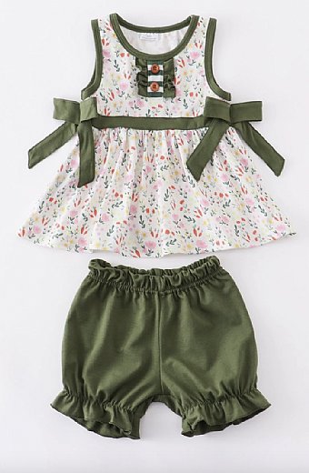 Girls Olive Floral Spring Bloomers Set<br>12 months to 6 Years