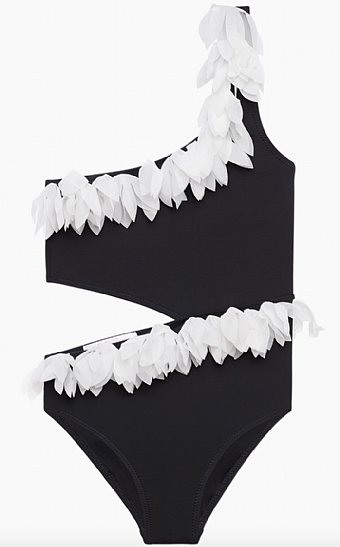 Girls Black Side Cut Swimsuit With White Petals<br>2 to 14 Years<br>size 12 in stock