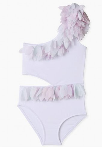 Girls White Side Cut Swimsuit with Unicorn Petals<br>2 to 14 Years