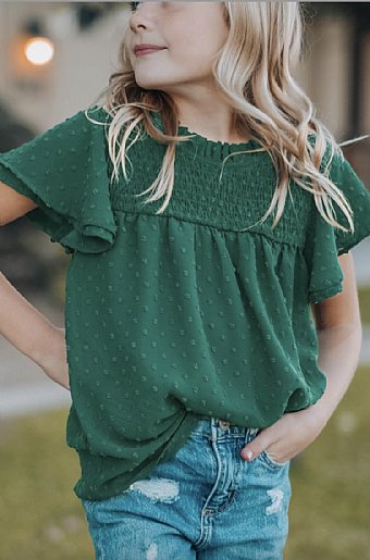 Emerald Frill Sleeve Swiss Dot Top<br>Kids & Women's Sizes