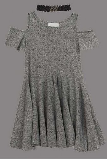 Tween Heather Cold Shoulder Dress With Necklace<BR>Now In Stock