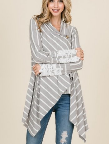Women's Striped Cardigan with Button Lace Sleeves<BR>Now in Stock