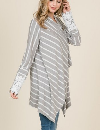 Women's Striped Cardigan with Button Lace Sleeves<BR>Now in Stock