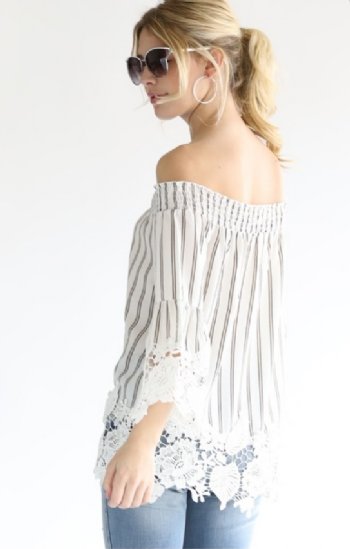 Women's Pinstripe Top With Brocade Lace<BR>Now in Stock