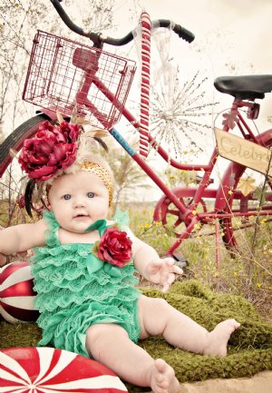 Christmas Green Romper & Couture Rose Head Piece